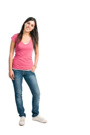 Happy young latin woman standing full length isolated on white backgroundの写真素材