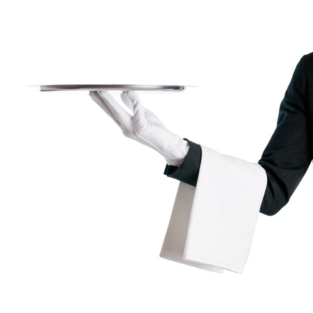 Waiter serving with stainless tray isolated on white backgroundの写真素材