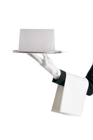 Waiter holding a tray with blank card for your text and annoncement isolated on white backgroundの写真素材