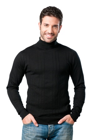 Handsome smiling young man looking at camera isolated on white backgroundの写真素材
