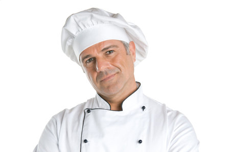 Closeup portrait of mature satisfied chef isolated on white background