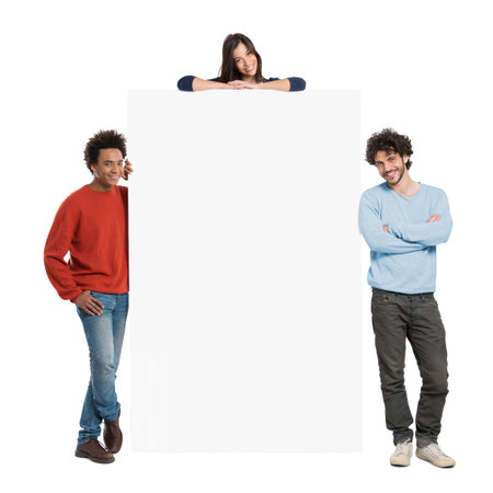 Young Happy Multiracial People With Sign Isolated On White Backgroundの写真素材