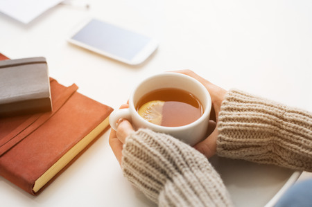 Close up of woman hands holding a cup of lemon tea on white table in a winter afternoon. Woman hands holding hot drink on table. Female hands with beige warm sweater holding hot tea with a slice of lemon.
の写真素材