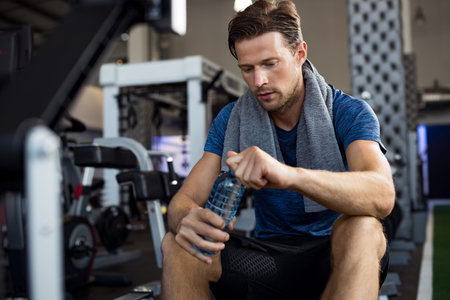 Young man with towel on his shoulders drinking water while sitting at gym. Sweaty guy opening cap of...