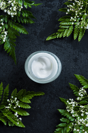 Top view of jar of cosmetic moisturizer with green fern leaves. Organic cosmetic on black wet background. Open glass jar filled with white cream lotion surrounded with leaves. Beauty and cosmetic concept.の写真素材