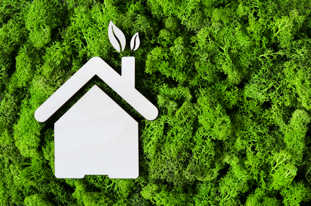 Top view of house wooden shape on green moss with copy space. High angle view of eco house and leaves. Environmental protection and sustainable architecture and energy concept.の写真素材