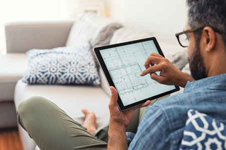 Man hand working with tablet and blueprint on architectural project at home while relaxing on couch....