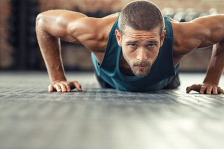 Young athlete doing push ups as part of bodybuilding training. Muscular guy doing a pushup on floor...