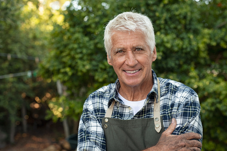 Portrait of happy senior farmer smiling and looking at camera. Cheerful old man with grey hair wearing apron outdoor with copy space. Satisfied smiling gardener in field standing with folded arms.の写真素材