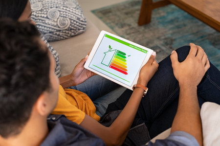Rear view of indian couple checking on digital tablet housing energy efficiency rate. Young couple...