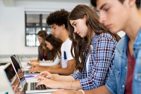 Multiethnic college students sitting in a classroom studying on laptop during class. Group of guys and girls using laptop during computer lesson. Young man and concentrated women sitting in a row doing homework on pc.の写真素材