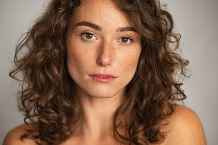 Close up face of beautiful woman with healthy natural skin looking at camera. Portrait of young woman with nude shoulder. Portrait of sensual girl with freckles isolated against gray wall background.の写真素材