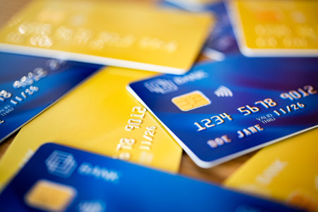 Stack of blue and yellow credit cards and shopping gift cards. Bank cards piled on table. Close up shot of group of debit and credit card: banking, digital payment and consumerism concept.の写真素材