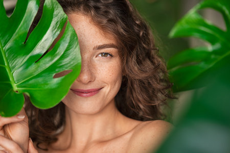 Close up face of beautiful young woman covering her face by green monstera leaf while looking at camera. Natural smiling girl with green palm leaf. Portrait of beauty woman with natural makeup and freckles on skin standing behind big green leaves.の写真素材