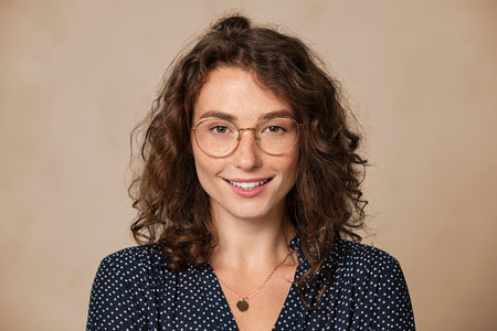 Beautiful young woman wearing eyeglasses isolated on background and looking at camera. Proud female student with nerd glasses isolated on wall. Sophisticated glamor girl in shirt wearing big spectacles and smiling.の写真素材