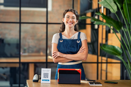Portrait of cheerful cafe owner in uniform standing with arms crossed and digital tablet, qr code...