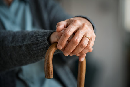 Close up of senior disabled woman hands holding walking stick. Detail of old woman hands holding handle of cane. Old lady holding walking stick.の写真素材