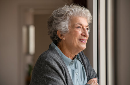 Smiling old woman with grey hair looking through the window. Happy senior woman standing near window during quarantine due . Retired and contemplative lady wearing sweater while looking outside and thinking.の写真素材