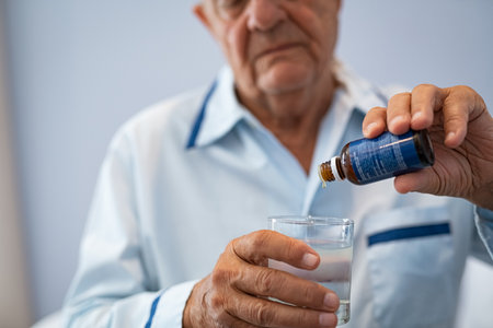 Close up of wrinkled hands of senior man pouring melatonin drops in glass of water at private clinic. Elderly male dripping medical liquid into cup of water at nursing home before sleeping. Hands of old patient in care facility pouring medicine syrup from bottle in glass of water with copy space.の写真素材