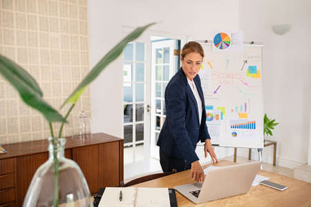 Mature business woman working from home on laptop with whiteboard and charts during video conference with colleagues. Successful entrepreneur working on start-up idea with financial charts during lockdown. Stressed business woman typing on laptop and analysing business plan during video call.の写真素材