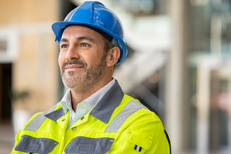 Mature engineer at construction site with safety vest and helmet looking away. Confident architect standing at site dreaming about finished project. Mature bricklayer thinking and day dreaming.の写真素材