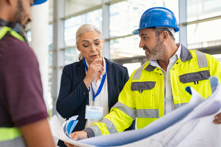 Senior uncertain architect discussing the structure of the building with supervisor at construction site. Engineers wearing safety hardhat having work conversation on the safety of the structure. Mid adult manager showing blueprint to worried mature architect.の写真素材