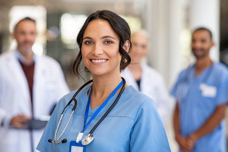 Portrait of smiling young nurse in uniform smiling with healthcare team in background. Successful team of doctor and nurses smiling. Beautiful and satisfied healthcare worker standing in private clinic and looking at camera with pride.の写真素材