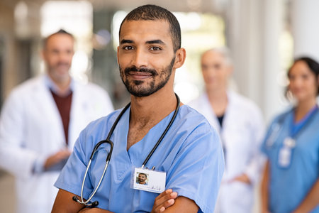 Portrait of smiling middle eastern man nurse in uniform and stethoscope looking at camera. Young doctor smiling while standing in hospital corridor with health care team in background. Successful indian surgeon smiling in front of his multiethnic medical team.の写真素材