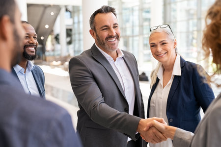 Happy mature businessman shaking hands with businesswoman in modern office. Successful entrepreneur greeting business woman with handshake. Agreement and business deal concept.の写真素材
