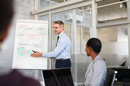 Mature businessman presenting new project to partners in office. Senior manager sharing next two year goals with staff in meeting in conference room. Mid adult leader explaining goals to his business teamwork while using white board and chart in office.の写真素材
