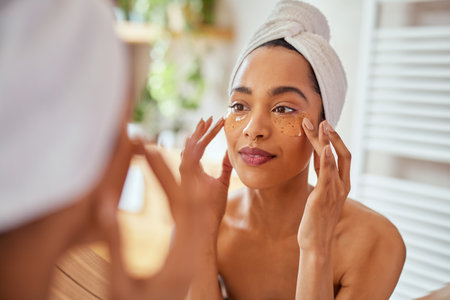 Beautiful woman applying collagen eye mask and looking at mirror. Young multiethnic woman taking care of her skin by applying under eye mask to minimize puffiness and dark circles. Mixed race girl applying silicone patches to moisturize eye area after shower.の写真素材