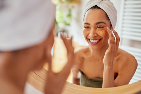 Smiling hispanic woman applying under eye collagen mask and looking at mirror. Attractive young mexican woman taking care of her skin by applying anti-fatigue under eye patch in bathroom after shower. Beautiful girl with towel on head using beauty patches during morning routine.の写真素材