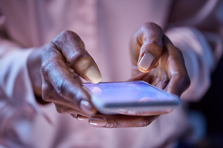 Close up of woman hands using mobile phone in dark. Hands of african american woman using smartphone to message. Black girl holding and typing on smart phone.の写真素材