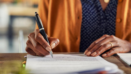 Close up of african american business woman hand writing on report while working in office. Successful black businesswoman signing documents at home using a pen. Freelancer filling contract on desk.の写真素材