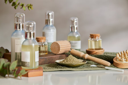 Complete set of beauty cosmetic products with salt and different bottles and jars. Natural organic beauty products ready to be used on your daily routine. Different lotions, oils and creams for a spa massage and treatment.の写真素材