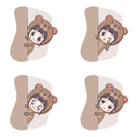 Cute bear costume girl hiding cartoon illustrationのイラスト素材
