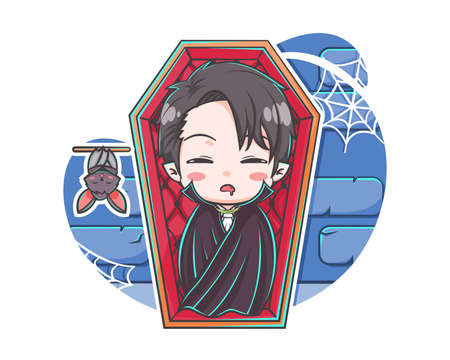 Cute vampire sleeping with a bat cartoon illustrationのイラスト素材