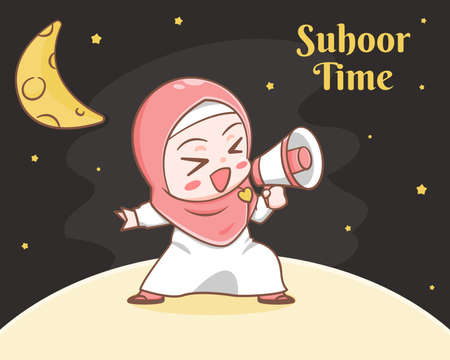 suhoor time with cute muslim girl cartoon illustrationのイラスト素材