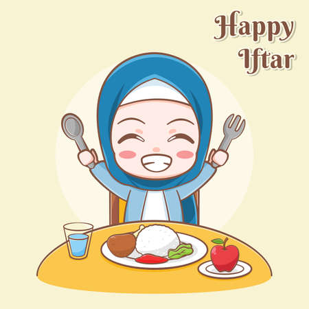 Happy iftar greeting card with a cute girl having meals cartoon illustrationのイラスト素材