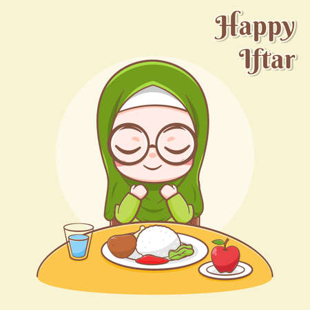 Happy iftar greeting card with a cute girl praying for having meals cartoon illustrationのイラスト素材