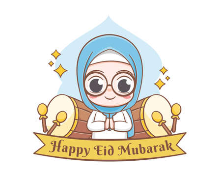 Eid mubarak greeting card with cute muslim girl cartoon illustrationのイラスト素材