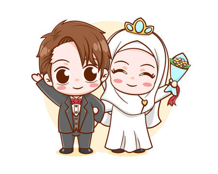 Cute wedding of muslim cartoon characterのイラスト素材
