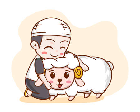 A cute boy hugging a sheep in eid al adha cartoon characterのイラスト素材
