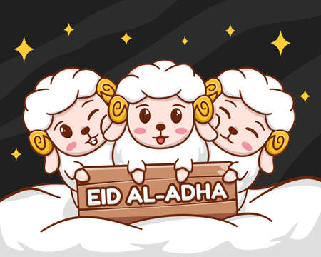 Eid al adha mubarak with cute sheep cartoon illustrationのイラスト素材