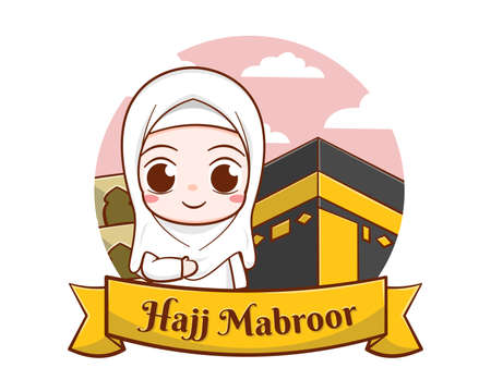 Islamic hajj pilgrimage with cute girl and kaaba cartoon illustrationのイラスト素材