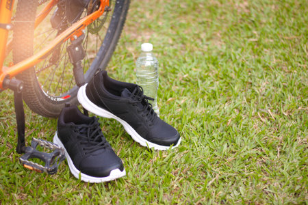 running shoes and bicycle on green grass.