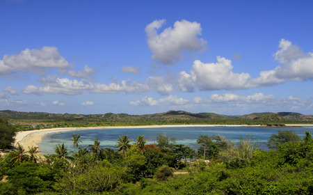 panorama of white sandy beach with blue skyの写真素材