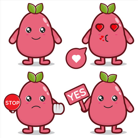 Cute guava fruit mascot illustration set bundleのイラスト素材
