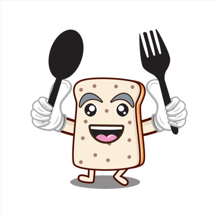 mascot cartoon bread holding a fork and spoon vectorのイラスト素材