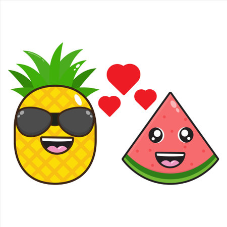 Cute cartoon pineapple slice with sunglasses and watermelon vector illustrationのイラスト素材